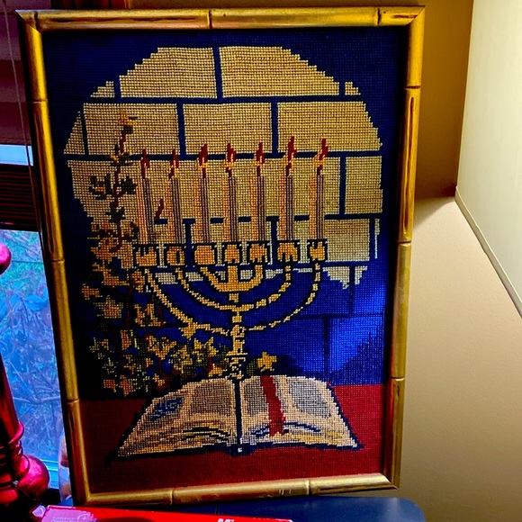 Large Needle Point Approximately19’ by 13’ Vibrant Colors Gold Bamboo Frame - Picture 2 of 12